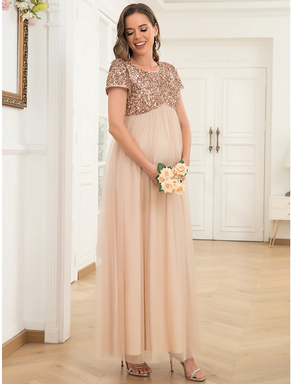 Elegant Gold Sequin A-Line Floor-Length Dress with Scoop Neck, High Back, and Tulle Skirt