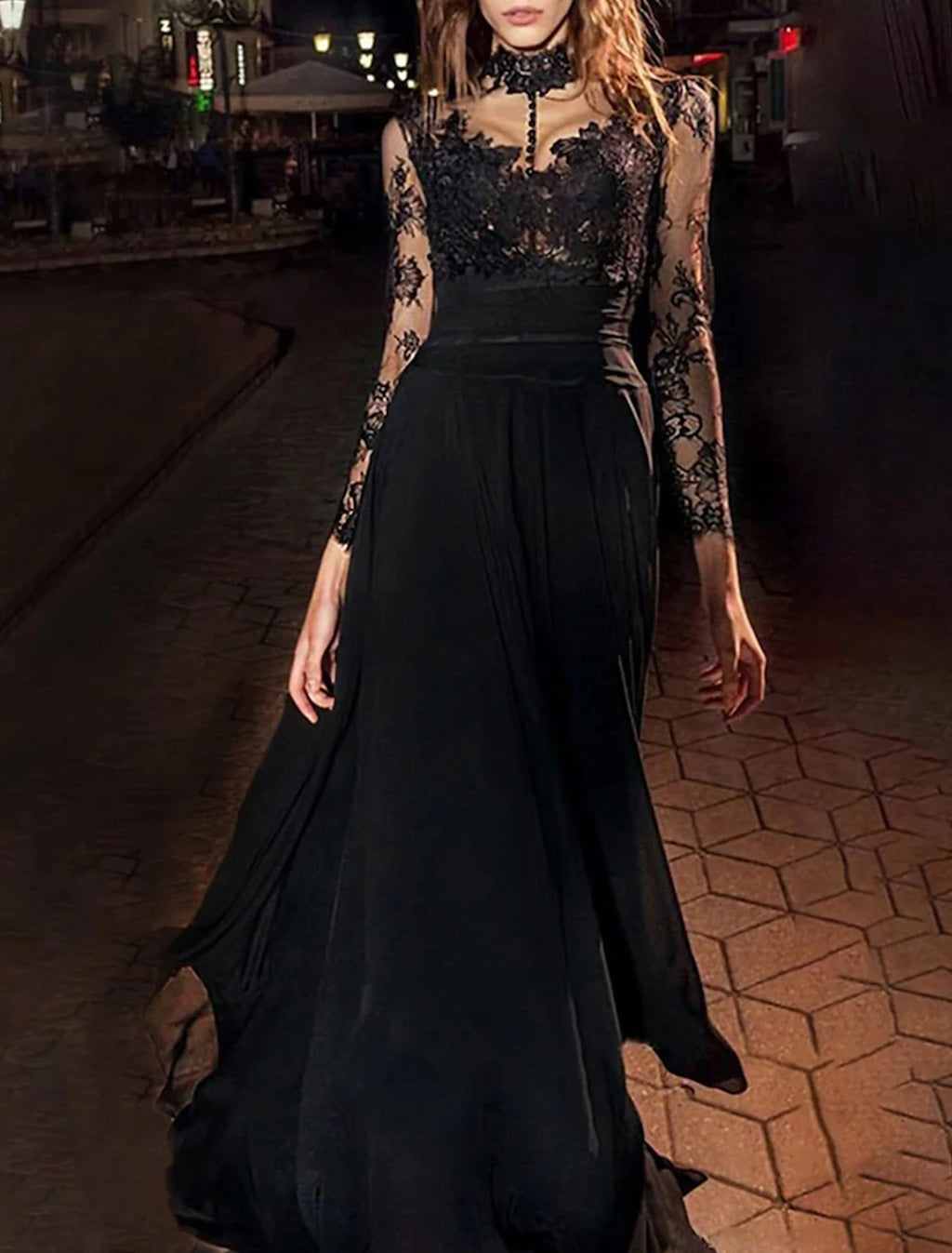 Black Lace A-Line Floor-Length Evening Dress with High Neck