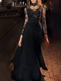 Black Lace A-Line Floor-Length Evening Dress with High Neck