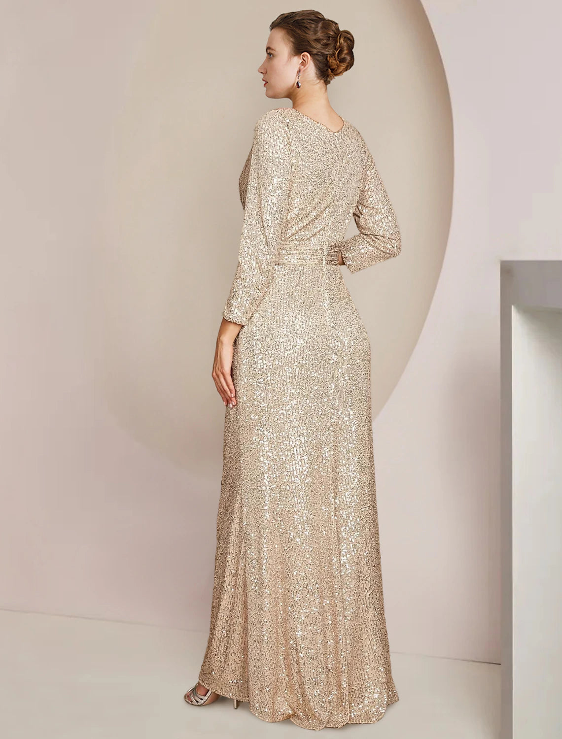 Gold Sequin Sheath/Column V-Neck Floor-Length Dress with High Slit