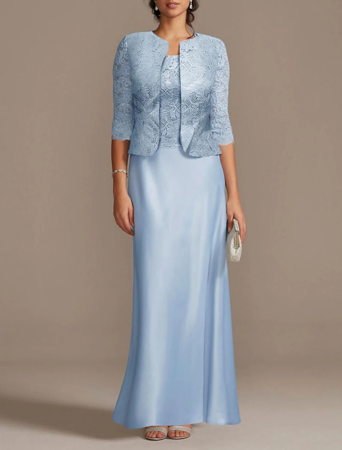 Abito da cerimonia per la madre della sposa, elegante, con scollo a barchetta, lunghezza al pavimento, in poliestere, maniche a 3/4, con giacca corta e pizzo