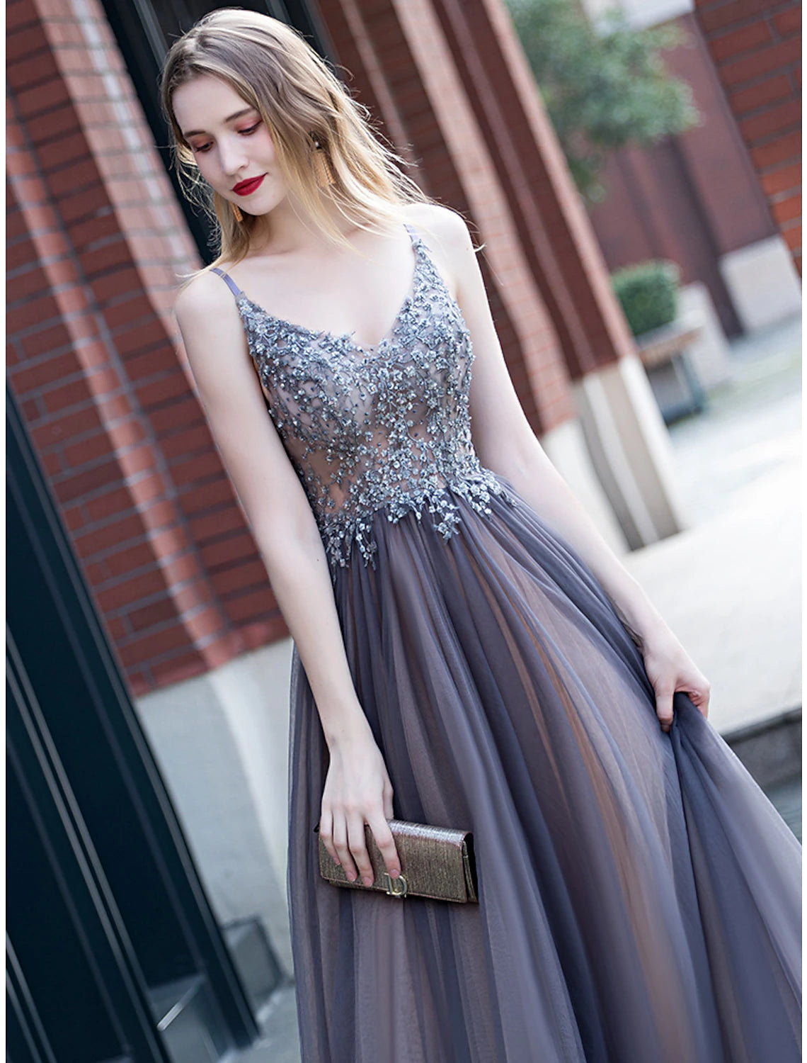 Grey Tulle A-Line V-Neck Embellished Floor-Length Evening Dress