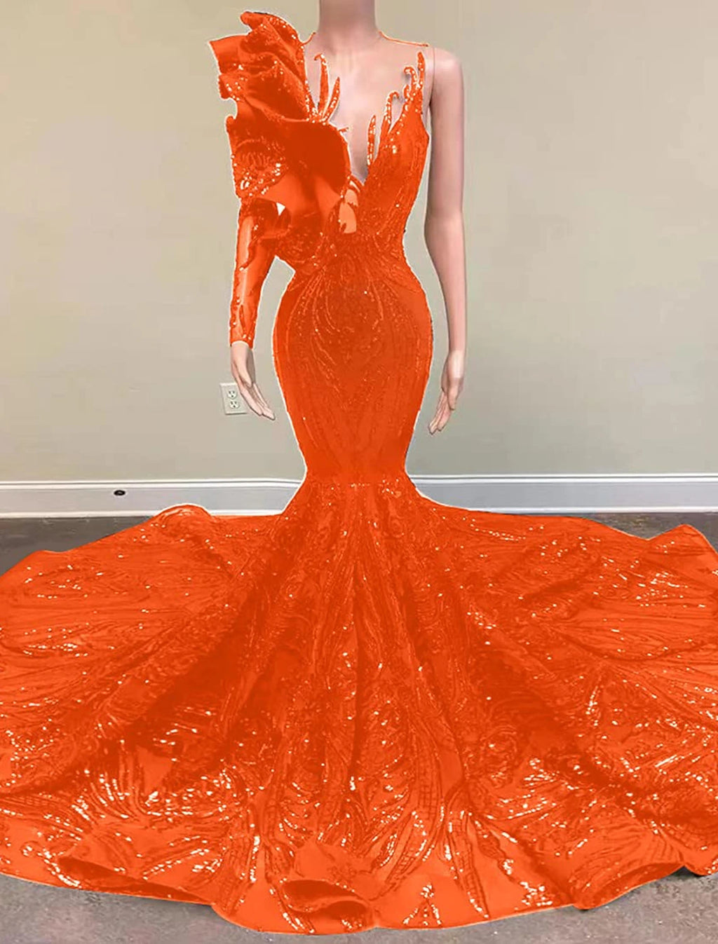 Black Sequin Mermaid V-Neck Floor-Length Dress