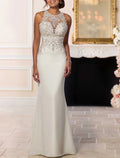 Ivory Satin Sheath/column Floor-Length Dress with Halter neckline and Beaded Lace Bodice