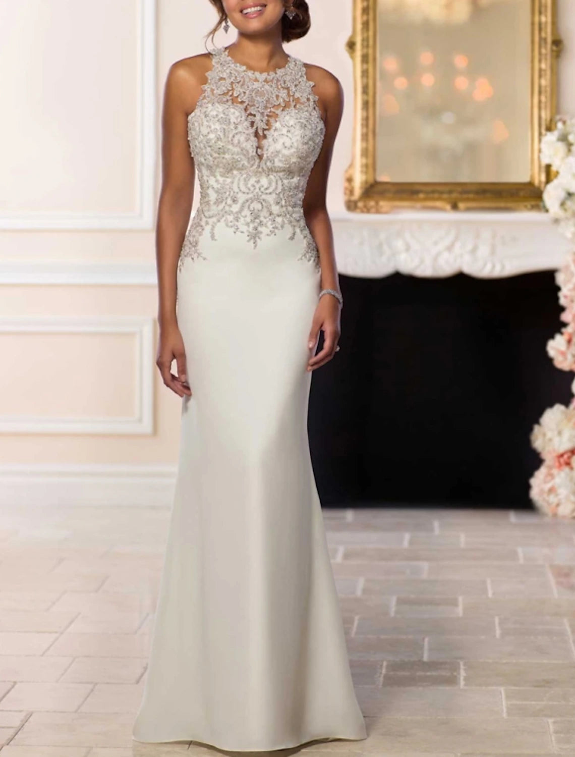 Ivory Satin Sheath/column Floor-Length Dress with Halter neckline and Beaded Lace Bodice
