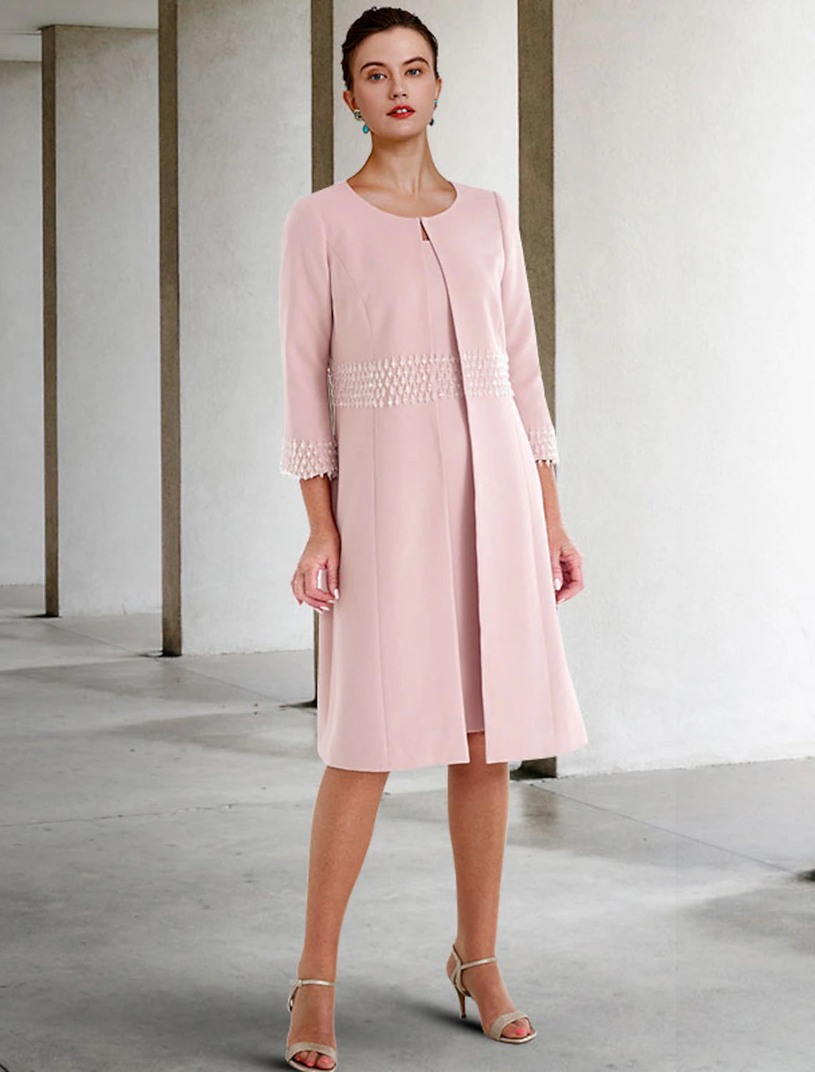 Vestido de dos piezas tipo tubo/columna para madre de la novia, para invitadas de boda, iglesia, elegante, cuello joya, largo hasta la rodilla, tela, manga corta, chaqueta, vestidos con cuentas, otoño