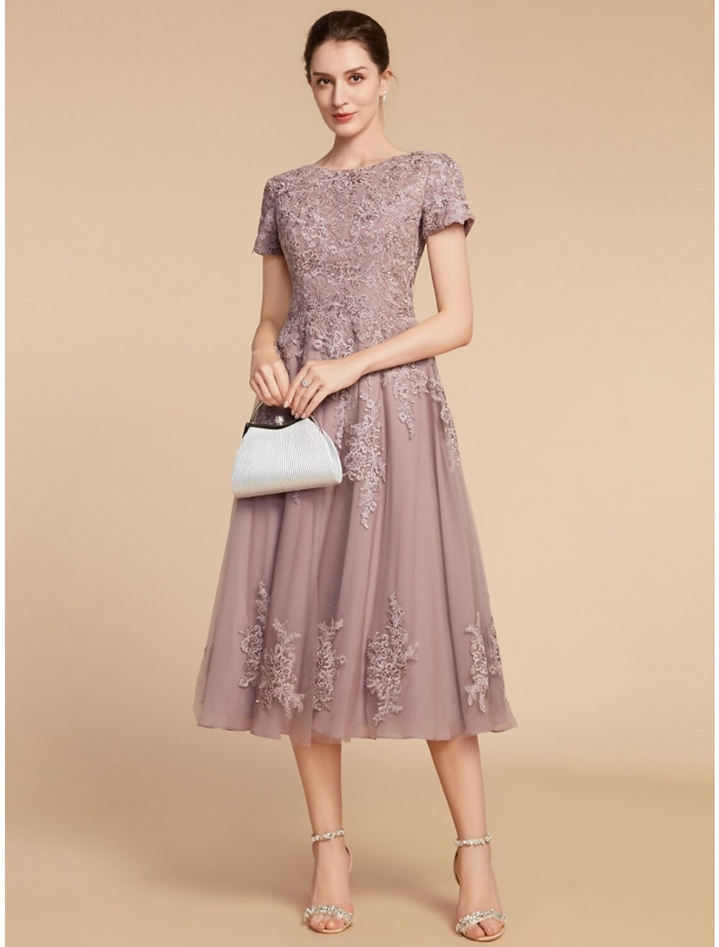Dusty Rose Lace Tulle A-Line Tea-Length Dress with Lace Bodice and Applique Skirt | Jimiss