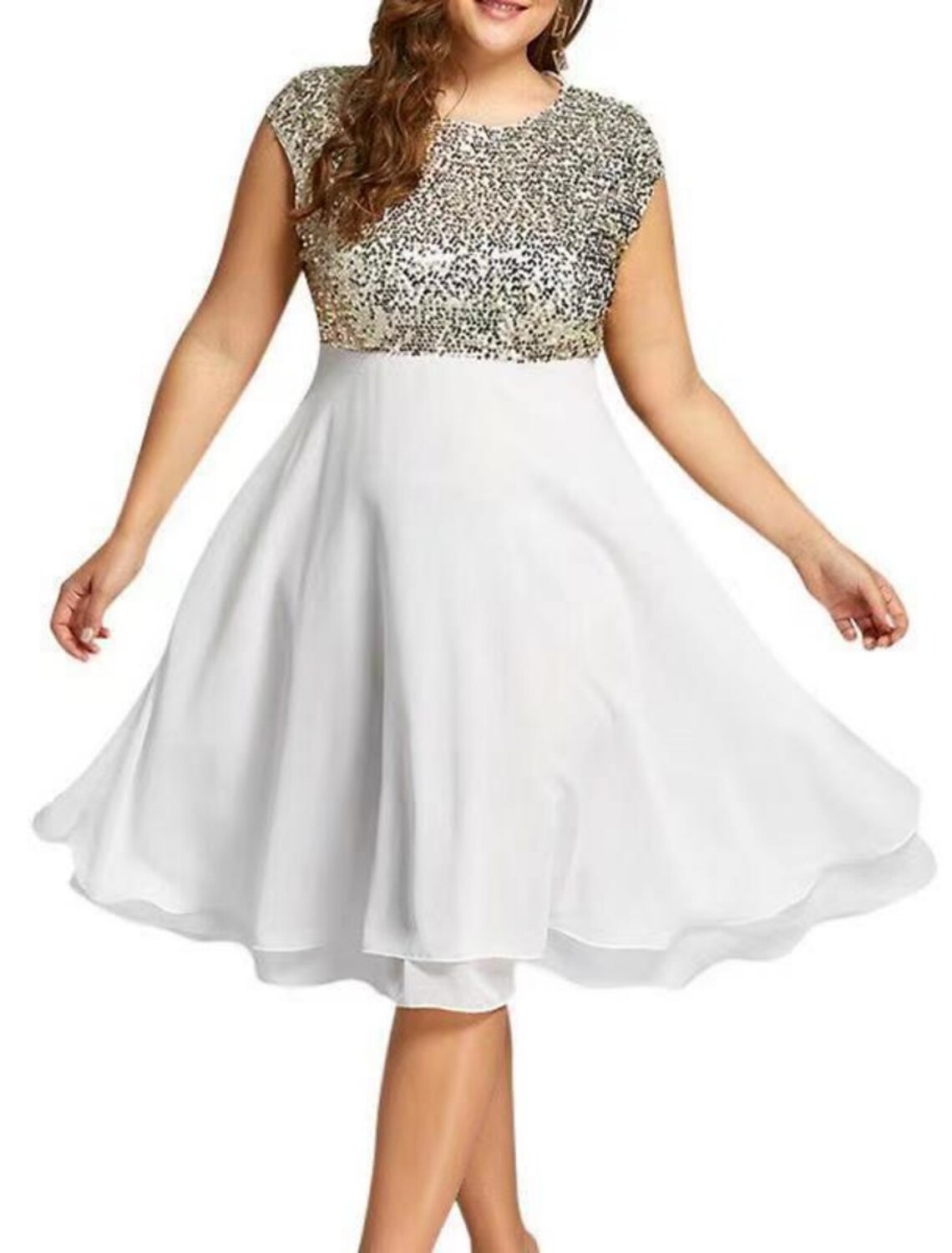 Vestido de lentejuelas negro de talla grande para mujer, vestido de fiesta, vestido brillante, vestido de regreso a casa, vestido midi de color sólido, manga corta, malla, patchwork, cuello redondo, clásico, negro, blanco, primavera y verano.