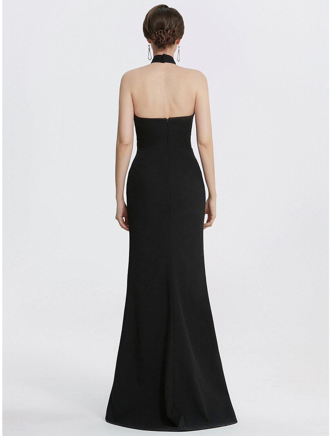 Vestido de noche de tubo/columna, vestido negro, vestido de boda, invitado de graduación, largo hasta el suelo, sin mangas, cuello halter, tela con fruncido