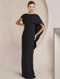 Black Draped Cape Crepe Sheath Floor-Length Dress