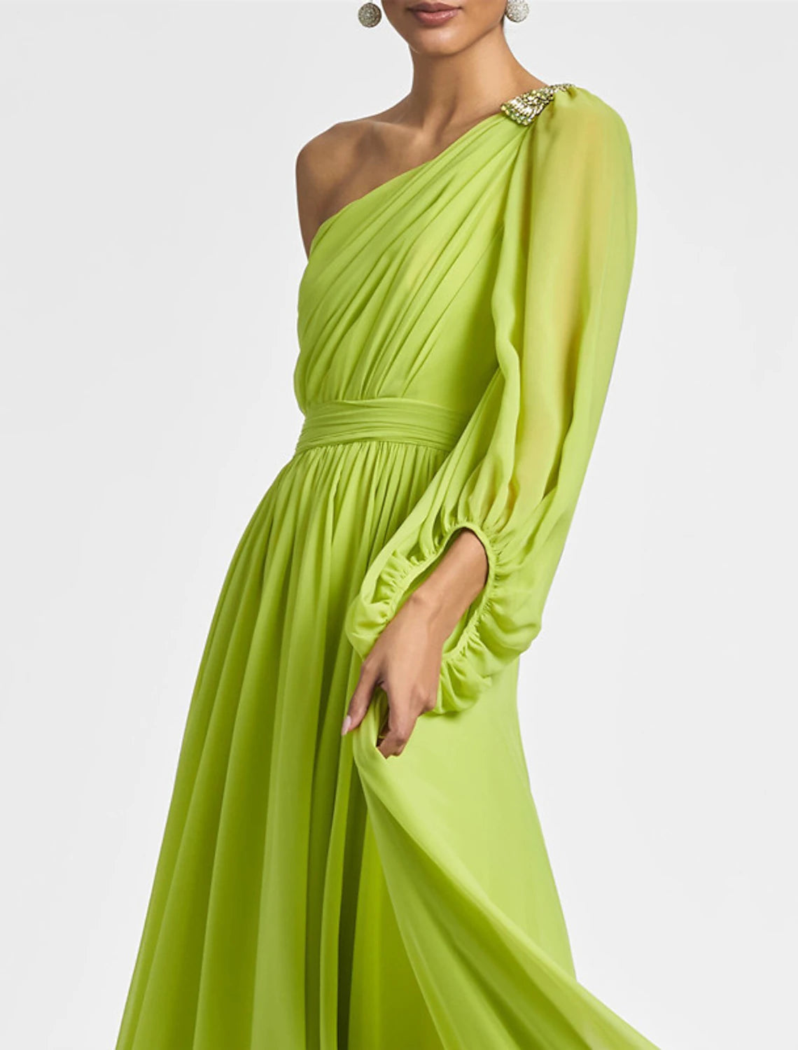 Abito da sera a trapezio, elegante, formale, da sposa, da festa, lungo, a maniche lunghe, monospalla, in chiffon con arricciature
