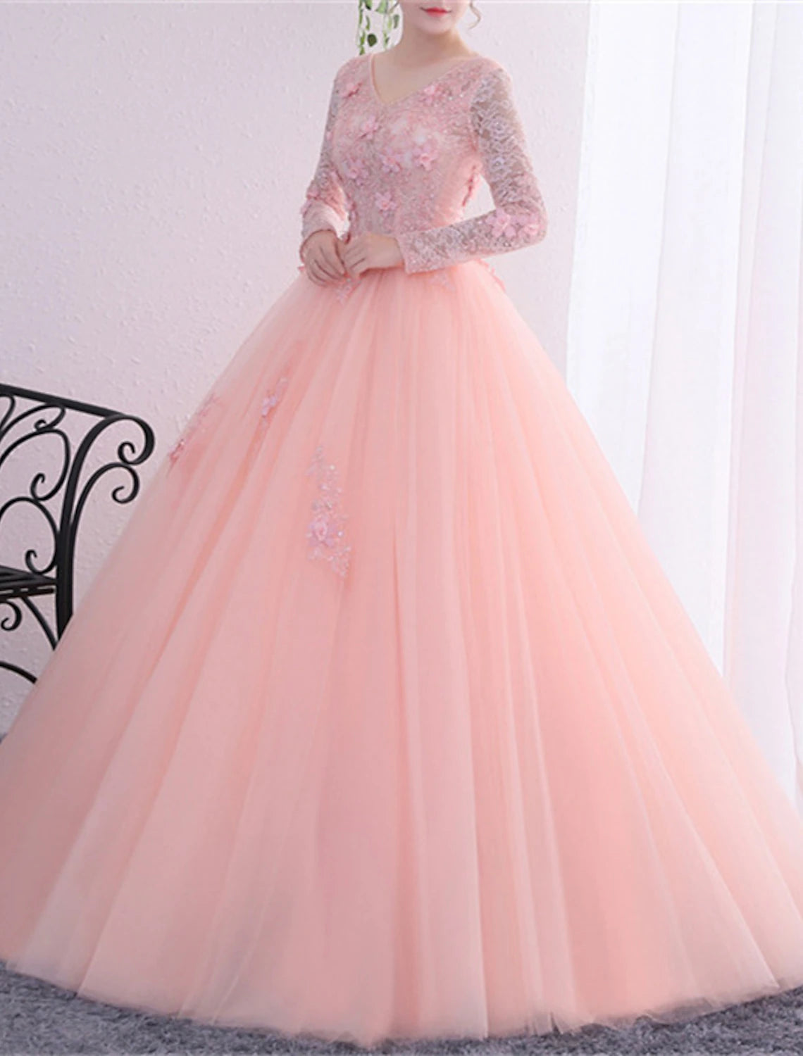Blushing Pink Lace & Tulle A-Line Floor-Length V-Neck Gown with 3D Floral Appliques