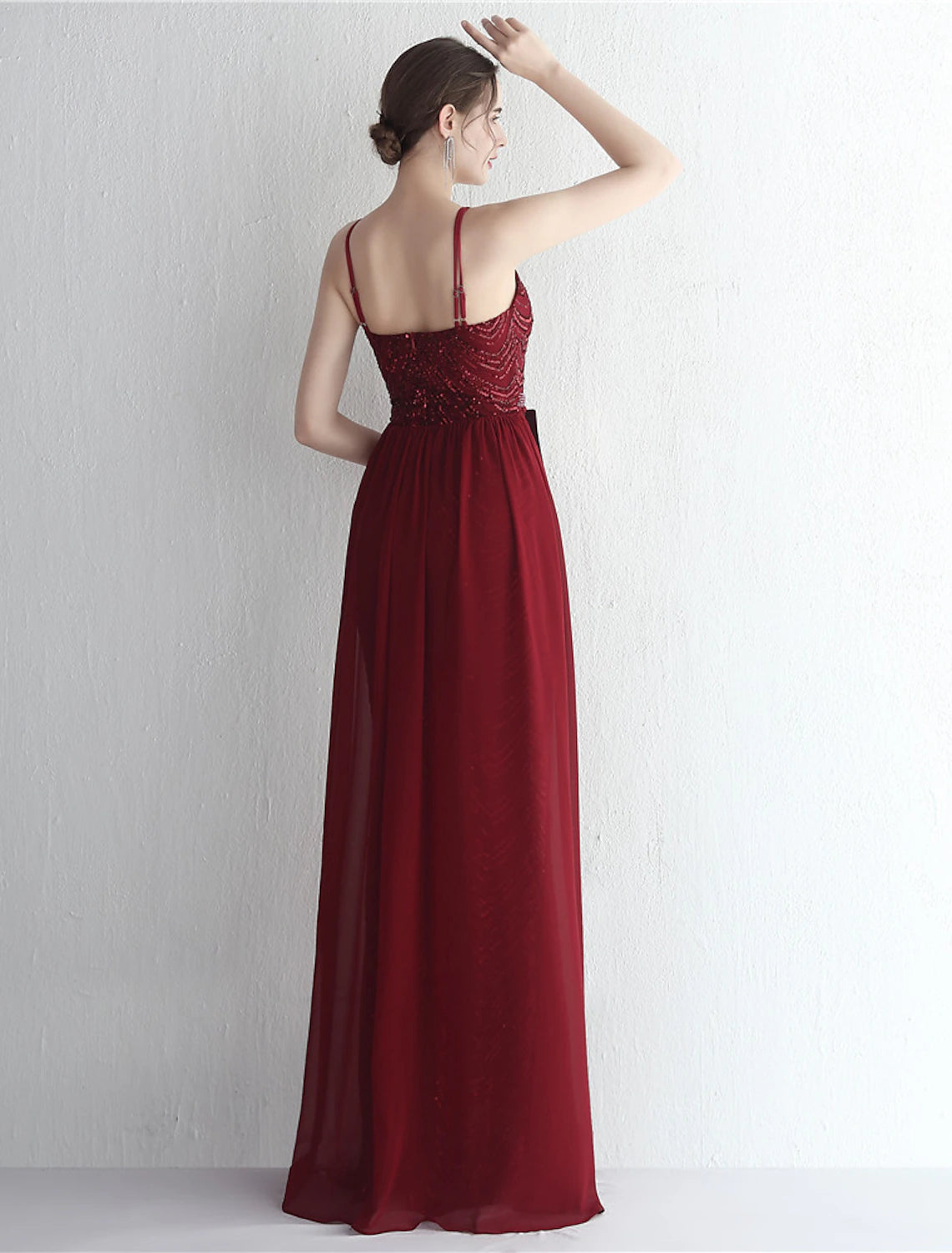 Burgundy Sequin Halter Backless Sheath Floor-Length Evening Dress