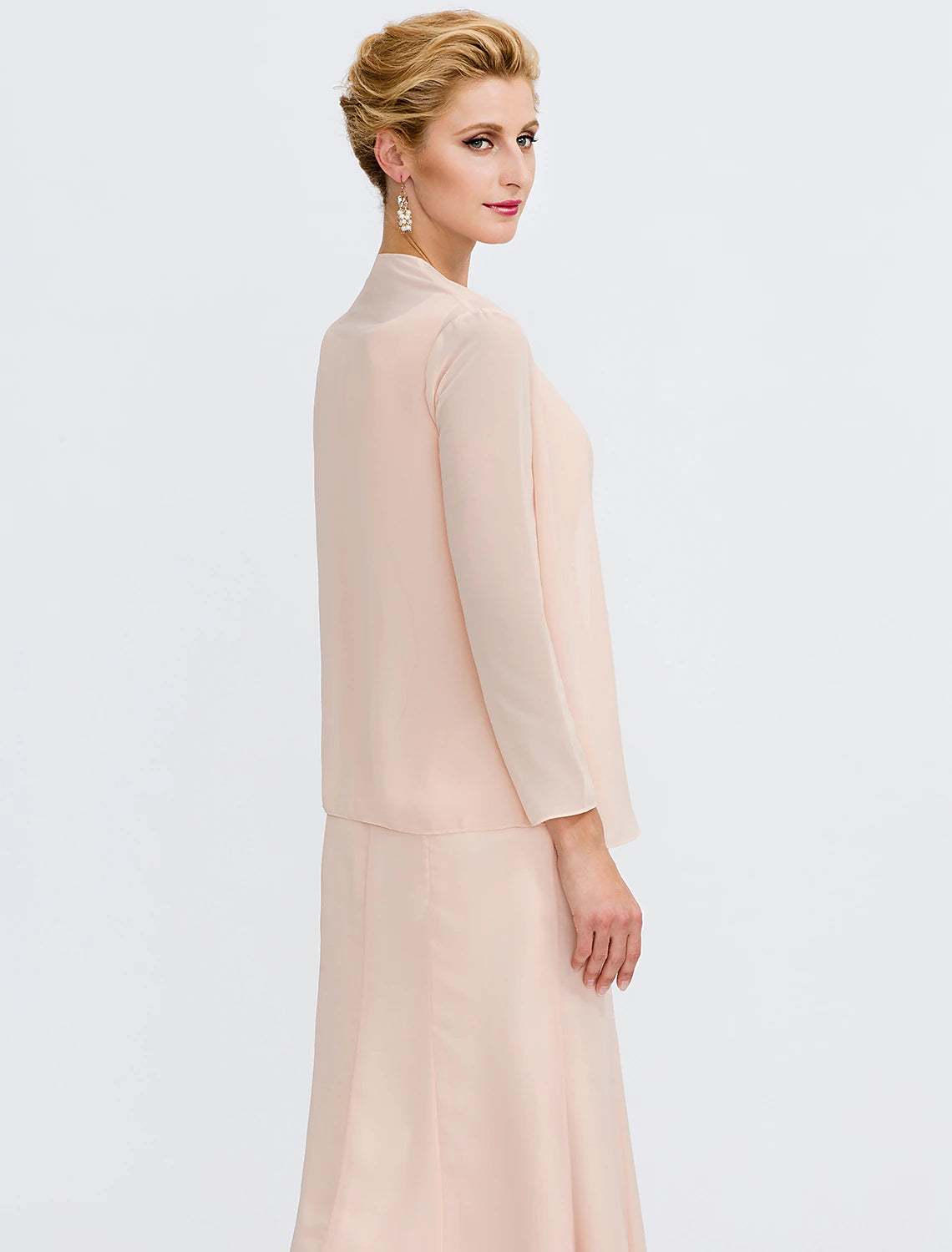 Vestido de dos piezas para madre de la novia, estilo tubo/columna, para invitada de boda, talla grande, elegante, con chaqueta, manga larga, escote redondo, largo hasta la rodilla, gasa, faja/cinta, pliegues y abalorios