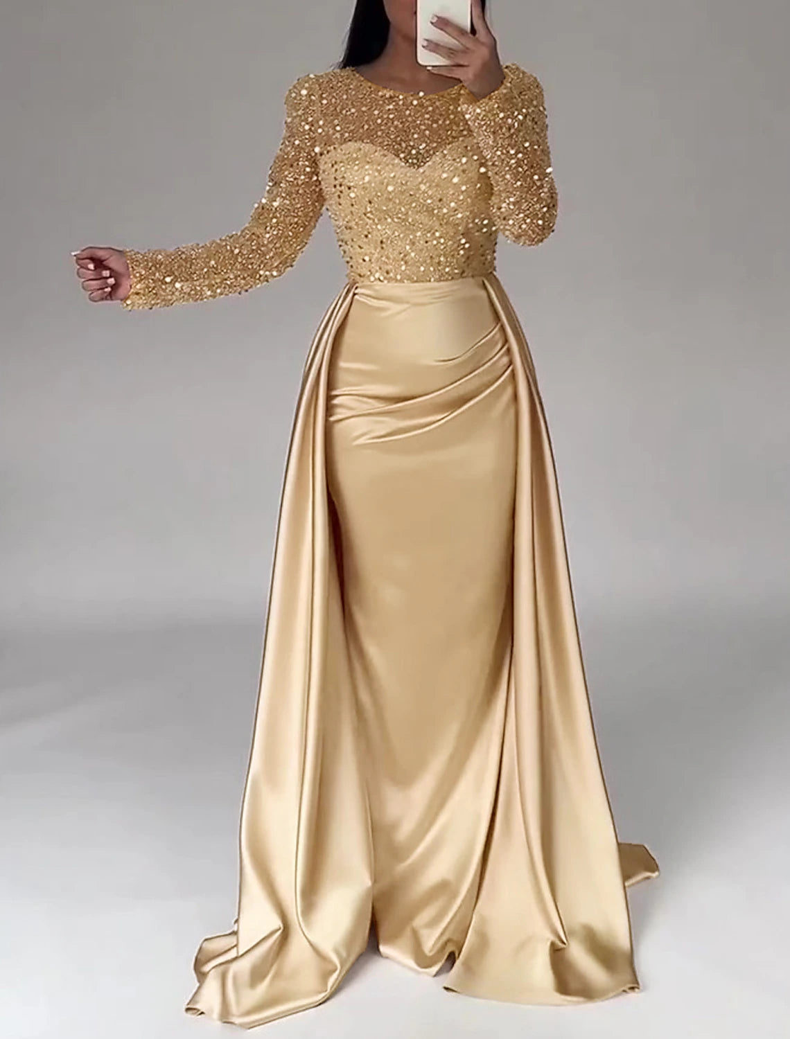 Ivory Satin Sheath/Column Gown with Illusion Sequin Sleeves