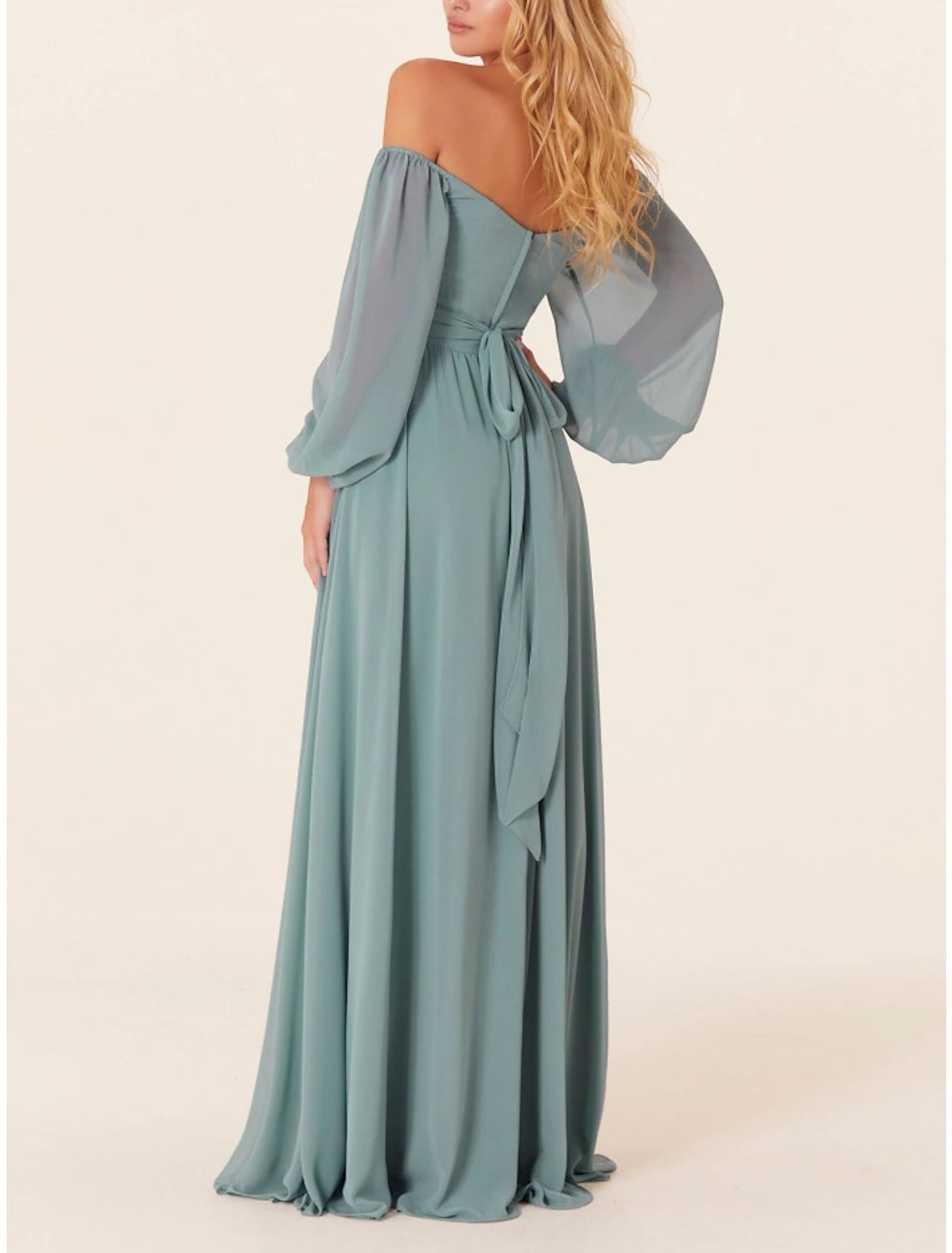 Dusty Sage Chiffon A-Line Floor-Length Dress with Sweetheart Neckline, Ruched Bodice, Puff Sleeves, and High Slit