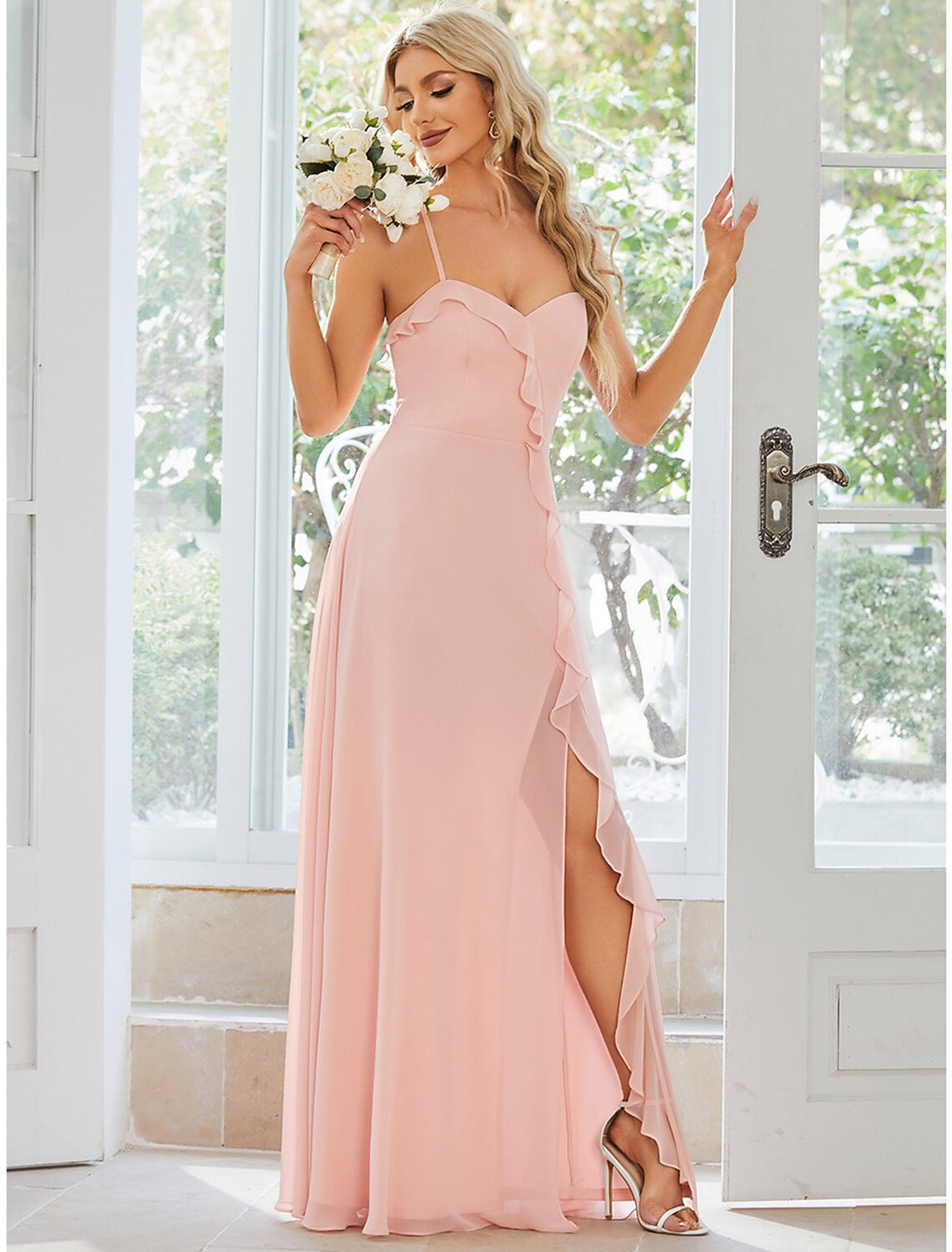 Abiti da sposa a trapezio, abiti casual da festa, lunghi fino al pavimento, senza maniche, spalline sottili, in chiffon con volant e spacco