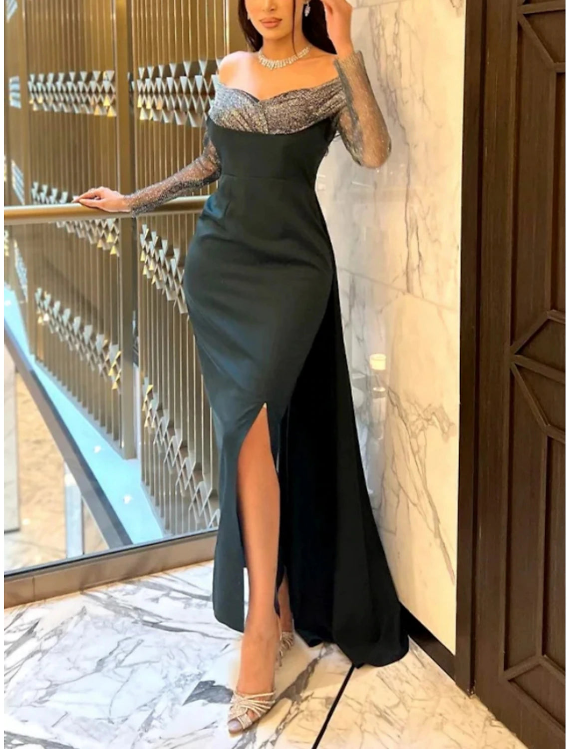 Sheath / Column Evening Gown Elegant Dress Formal Black Dress Floor Length Long Sleeve Off Shoulder  Fabric with Sequin Slit 2025