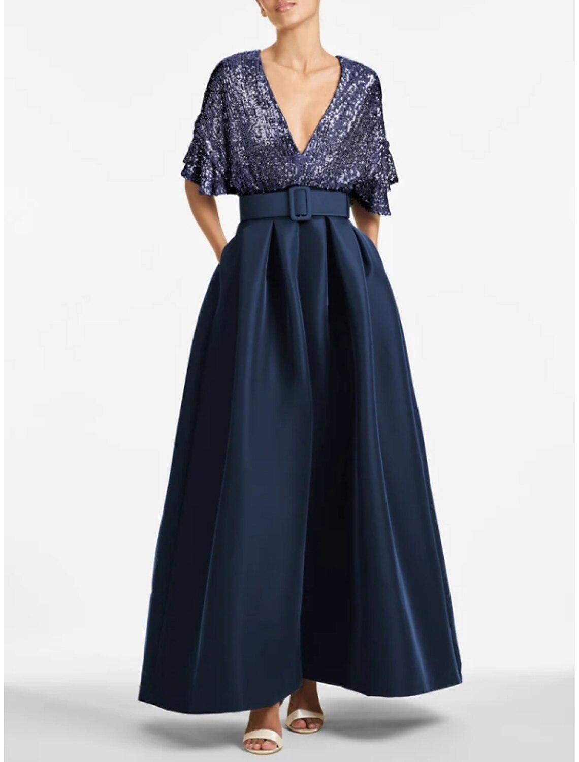 Abito da sera a trapezio, scintillante e brillante, per invitati a nozze formali, lunghezza alla caviglia, mezza manica, scollo a V, in raso con pieghe glitterate, 2025