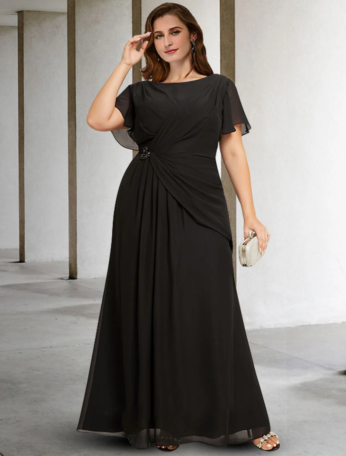 Black Chiffon A-Line Floor-Length Dress with Draped Bodice & Flutter Sleeves