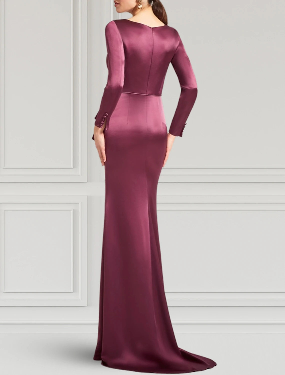 Vestido de noche elegante con corte en forma de columna, para invitados de boda, formal, con cola larga y escote en V, de satén con apliques.