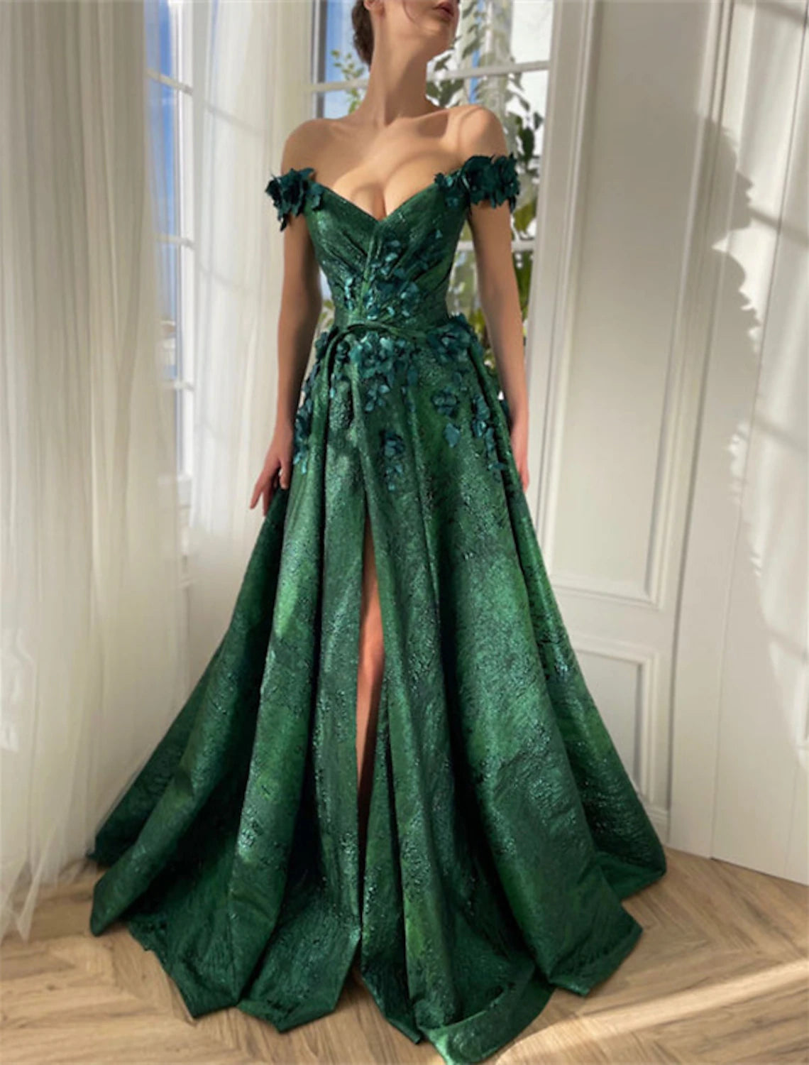 Vestidos de fiesta de corte A, vestido floral, para invitados de boda, fiesta de bodas, cola de corte, sin mangas, hombros descubiertos, satén con apliques de abertura