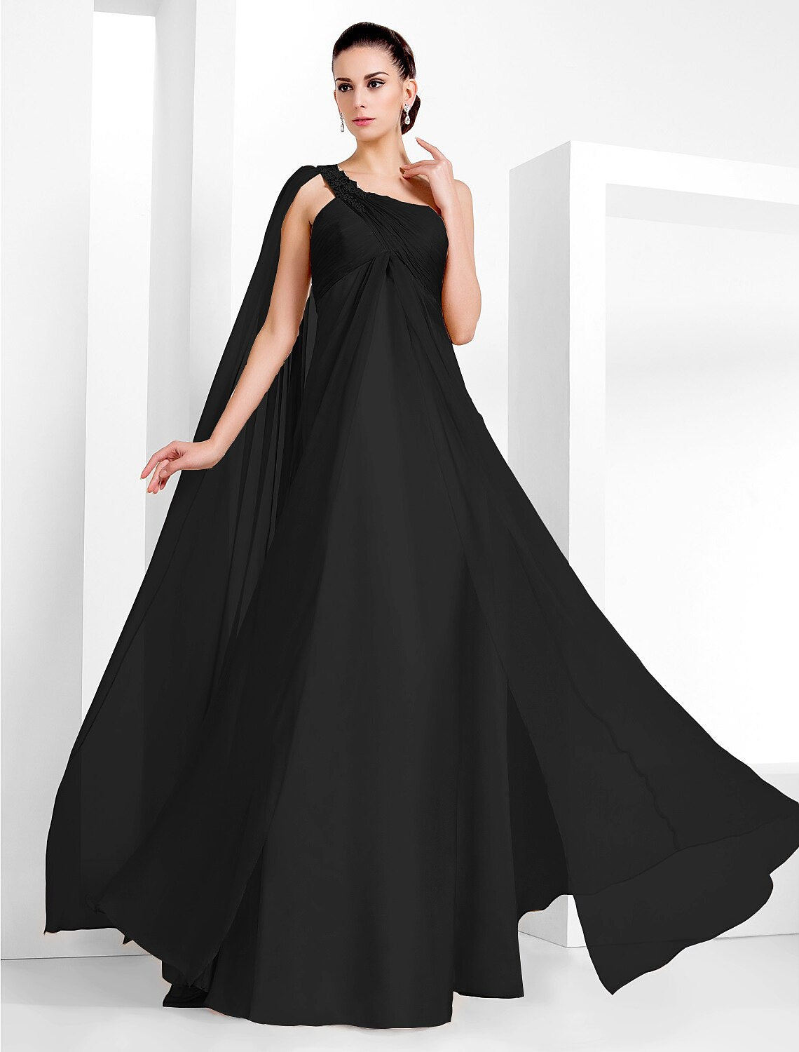 Champagne Chiffon A-Line Floor-Length Evening Dress with One Shoulder & Beaded Strap