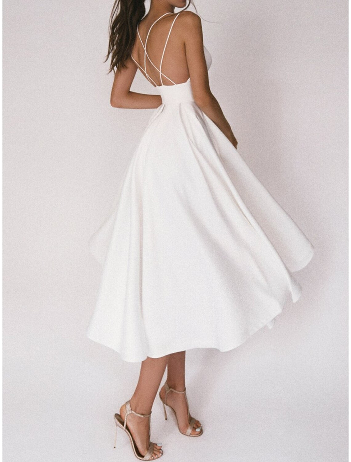 Abiti da ballo a trapezio con schiena scoperta, da invitata a nozze, per le feste, lunghezza tè, senza maniche, spalline sottili, spandex, schiena scoperta con pieghe