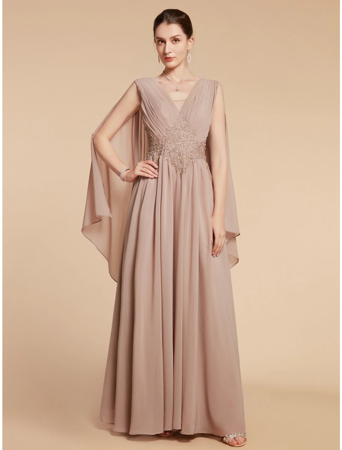 Abito da cerimonia per la madre della sposa, a trapezio, elegante, con scollo a V, lunghezza alla caviglia, in chiffon, pizzo, senza maniche, con arricciature, tinta unita