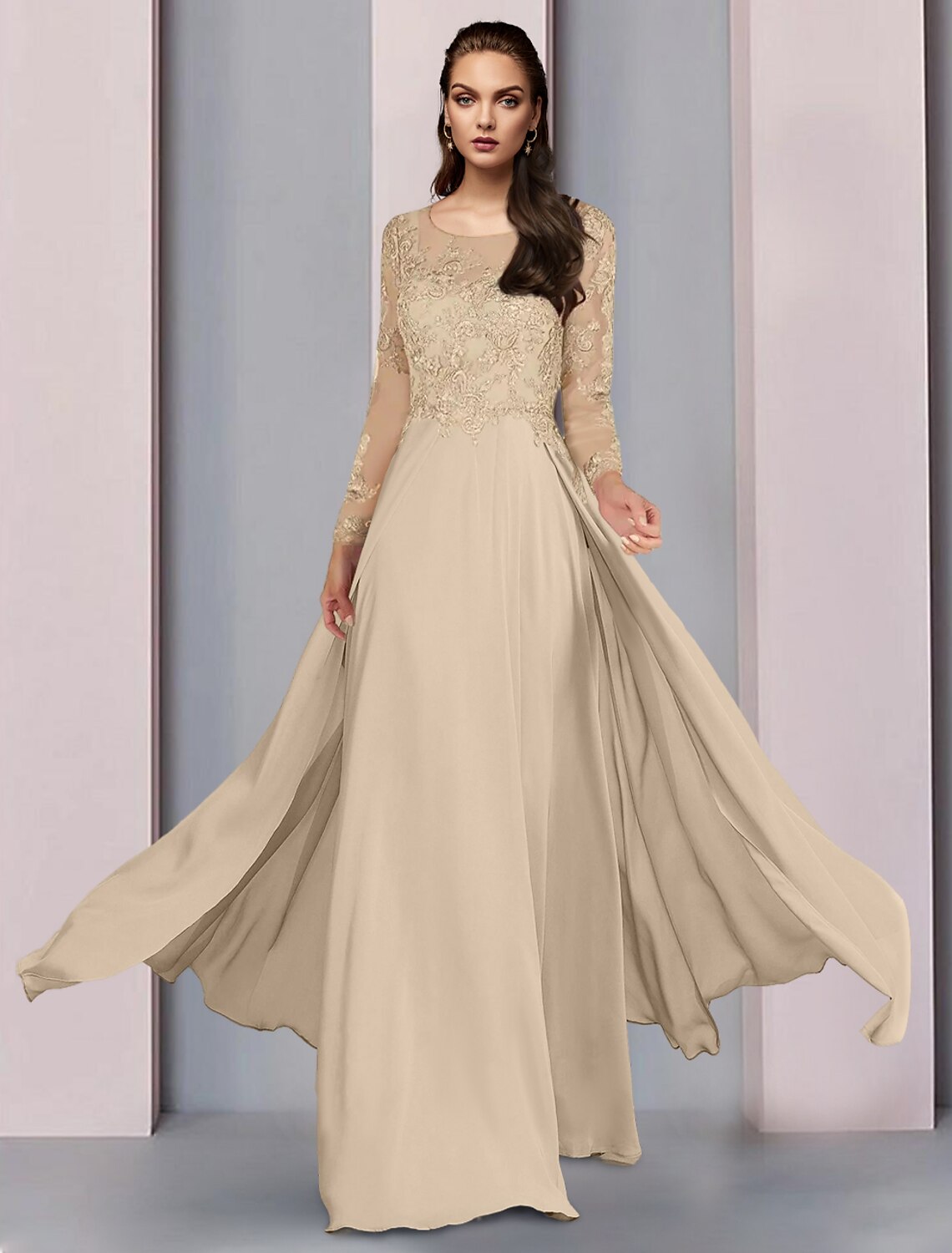 Abito da cerimonia per la madre della sposa, a trapezio, elegante, con scollo a barchetta, lunghezza al pavimento, in chiffon, mezza manica, con arricciature in pizzo