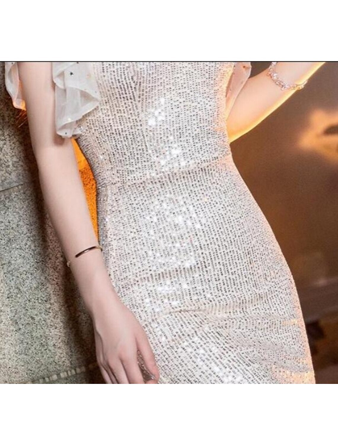 Mermaid / Trumpet Sparkle Sexy Engagement Prom Dress V Neck Short Sleeve Floor Length Sequined with Pleats Sequin