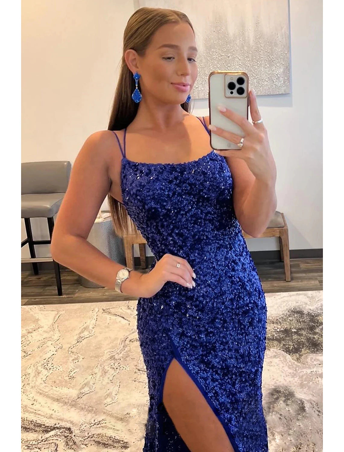 Royal Blue Sequin Sheath/column Floor-Length Dress with Straight Neck and High Slit