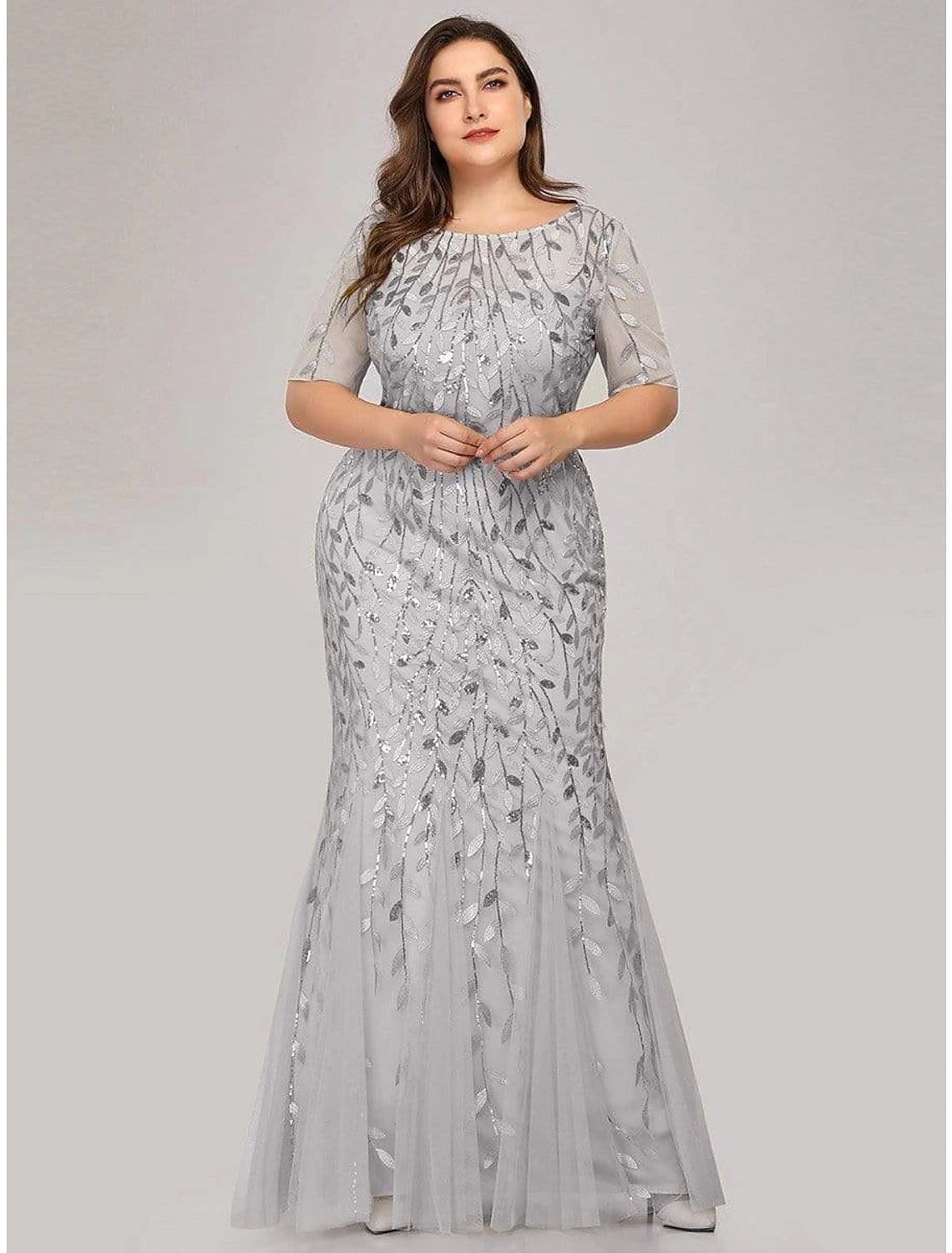 Dusty Blue Tulle Mermaid Floor-Length Evening Dress with Embroidered Leaf Pattern