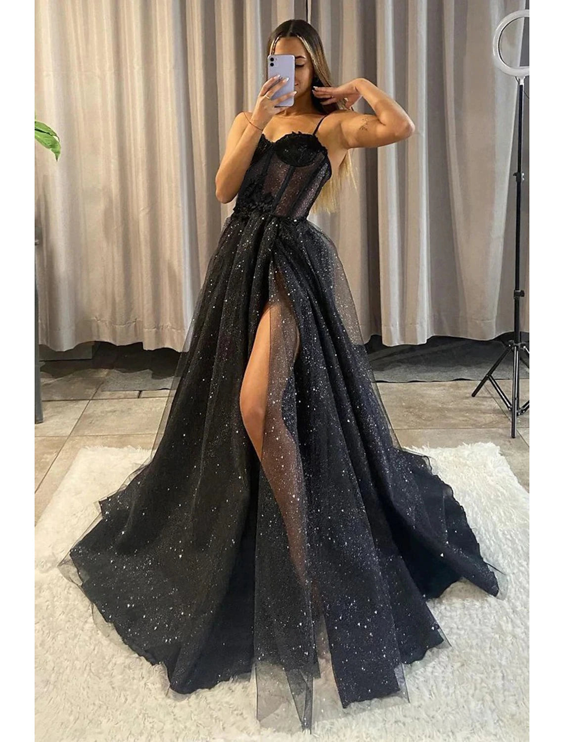 Abiti da ballo a trapezio, abito nero glitterato, abiti da sposa taglie forti, abito gotico formale, lunghezza pavimento, senza maniche, scollo a cuore, spaghetti in tulle con spacco 2025