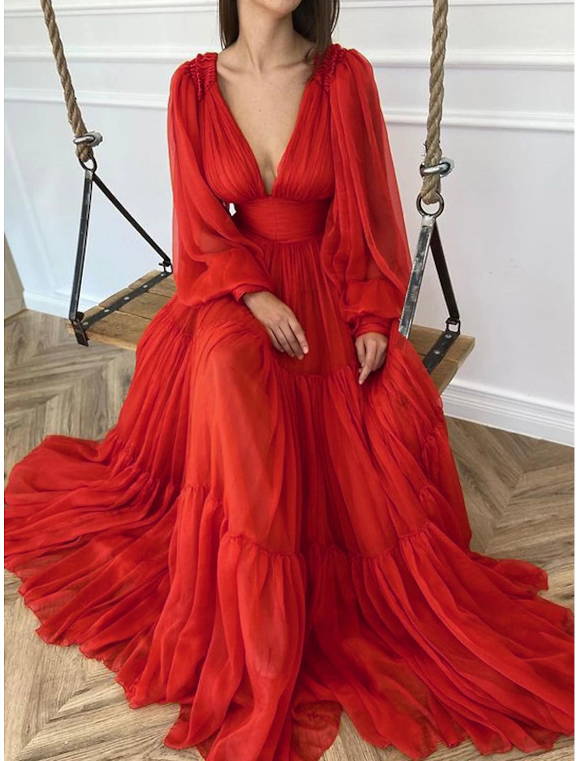 Orange Chiffon A-Line Floor-Length Evening Dress with Voluminous Puff Sleeves and Tiered Skirt