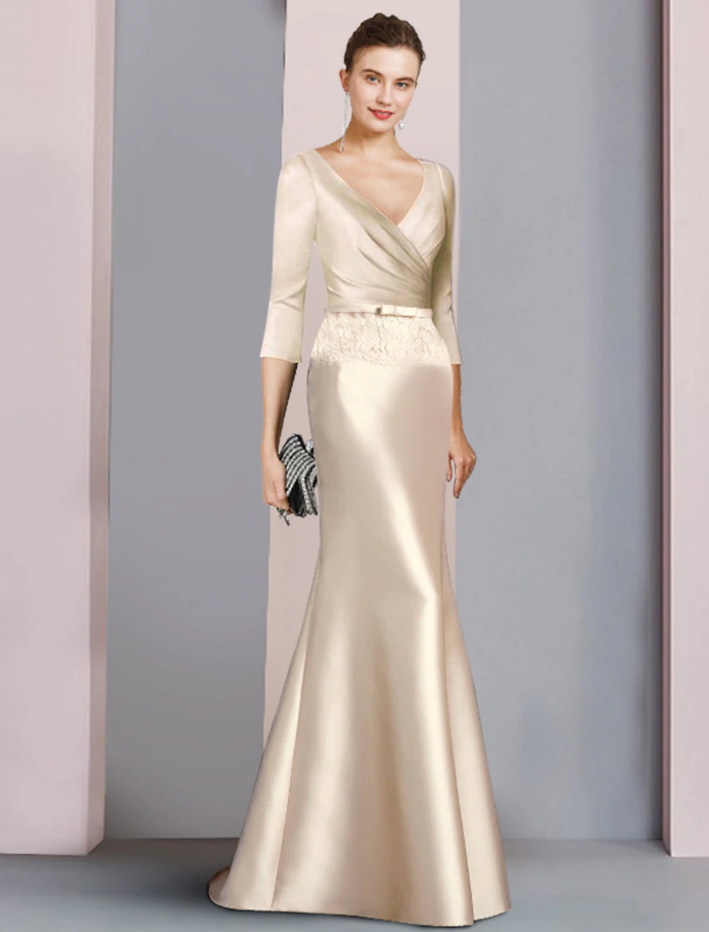 Champagne Satin Mermaid Floor-Length V-Neck Gown