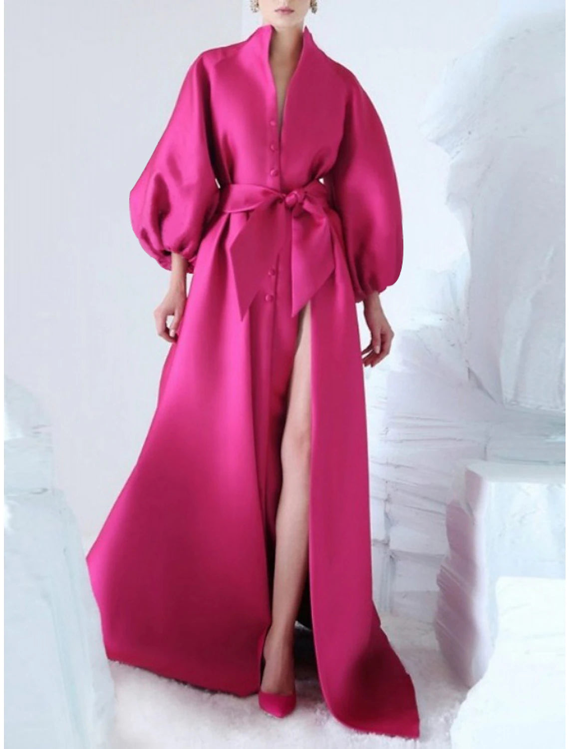 Pink Satin A-Line Floor-Length Evening Dress with Voluminous Puff Sleeves