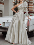 Vestido de noche elegante de corte A para invitada de boda formal, largo hasta el suelo, manga larga, un hombro, lentejuelas y pliegues.