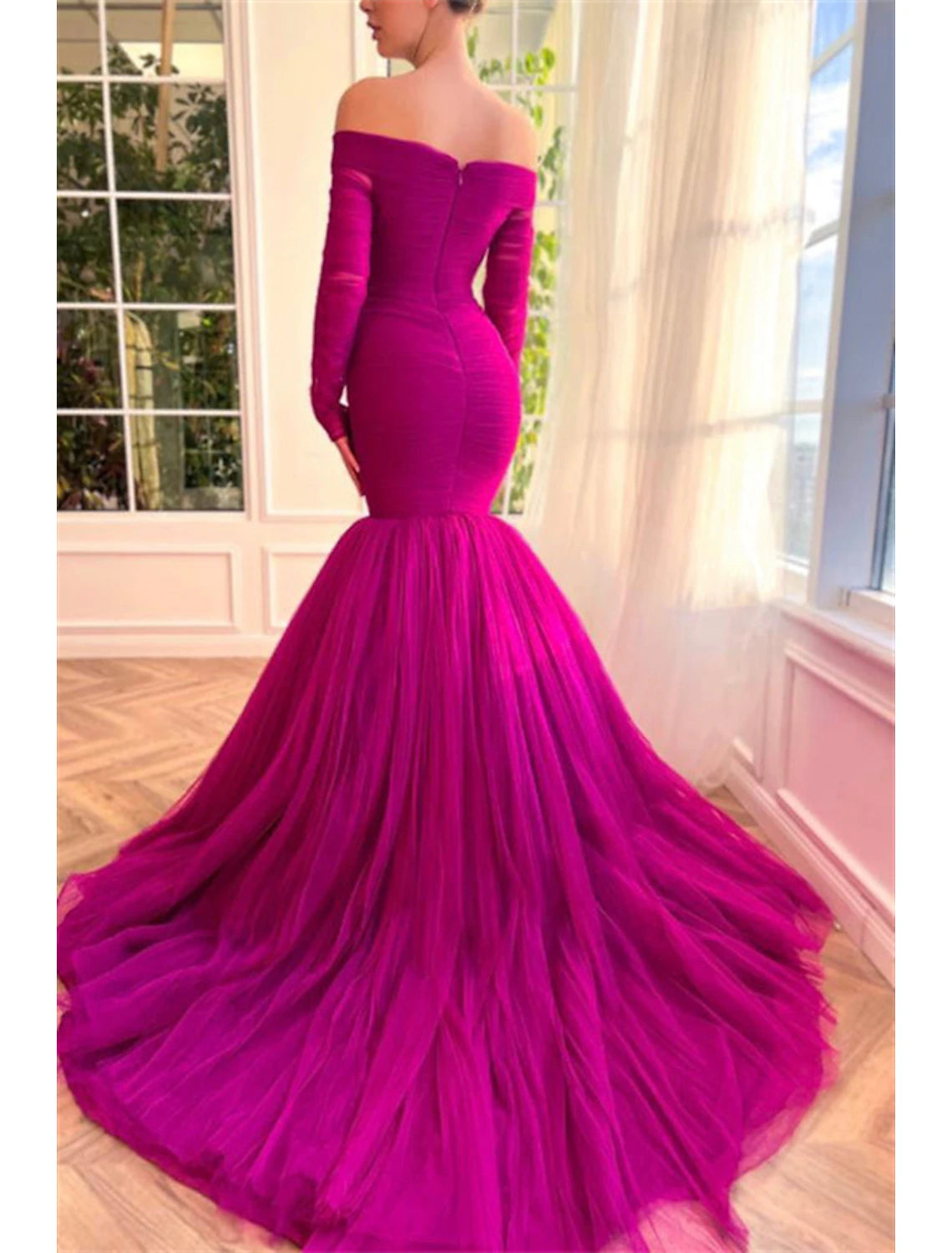 Abito da sera formale a sirena, rosso e verde, elegante, da invitare a nozze, da indossare durante la festa di nozze, con strascico, manica lunga, spalle scoperte, in tulle con arricciature