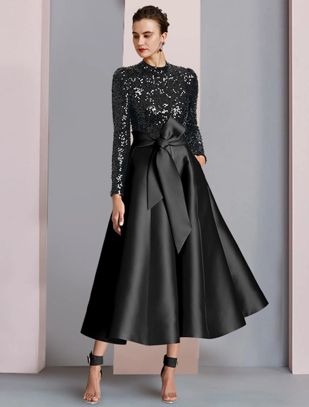 Black Sequin Midi Evening Dress