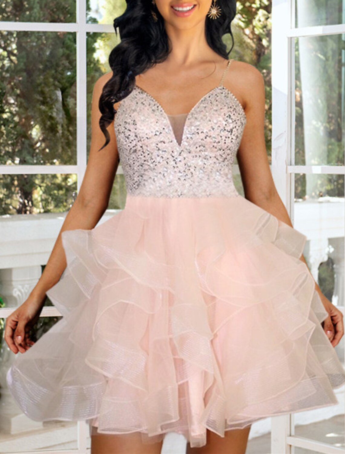 Abiti da ballo a trapezio, abito plissettato a strati, abito da cocktail per laurea, corto/mini, senza maniche, spalline sottili, abito rosa in organza con perline e paillettes