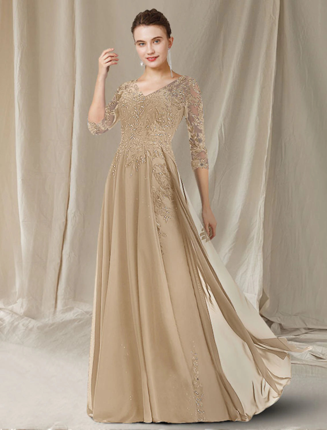 Vestido elegante de madre de la novia de corte A, escote en V, largo hasta el suelo, de gasa, encaje con lentejuelas, media manga con apliques de lentejuelas