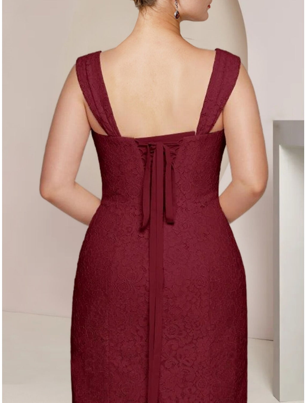 Burgundy Chiffon A-Line Asymmetrical Dress with Square Neck, Lace High-Low Hem & Flowing Overlay
