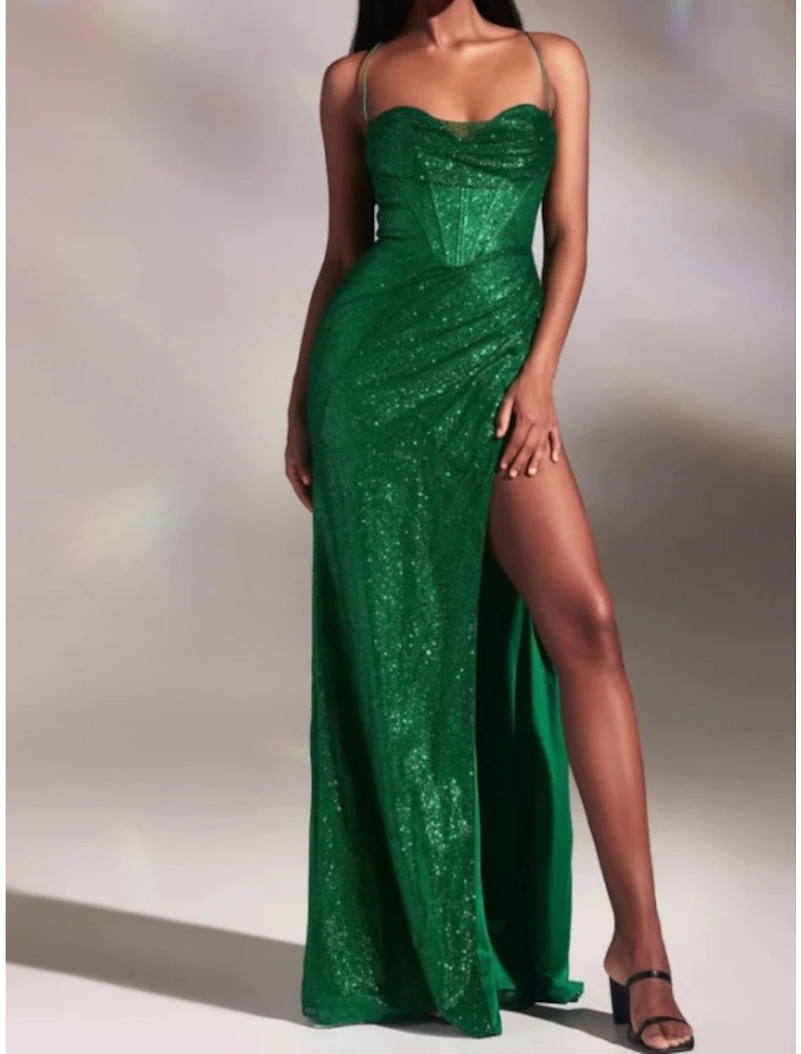 Vestidos de fiesta de corte tubo/columna, corsés, para invitados de boda, fiesta de bodas, cola larga/cepillo, sin mangas, cuello vuelto, recepción de boda de otoño, con lentejuelas y brillo, abertura fruncida