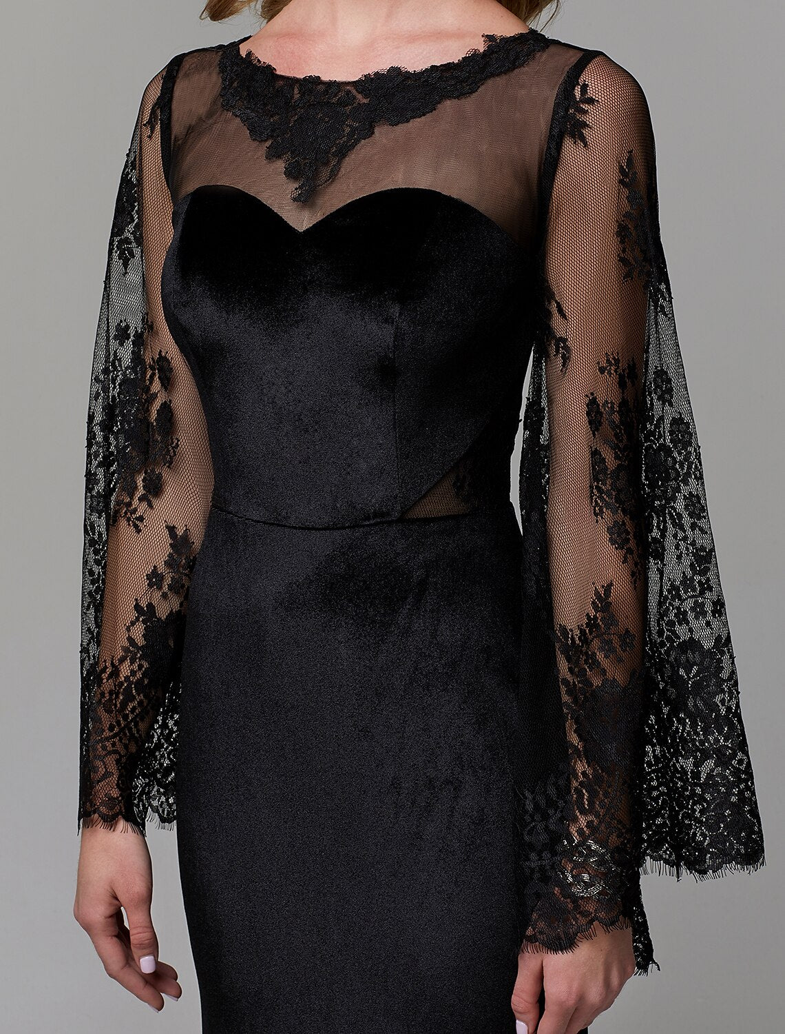 Abito elegante a tubino/colonna per invitati a nozze, fidanzamento, lunghezza al pavimento, maniche lunghe, scollo a V, pizzo con inserto in pizzo