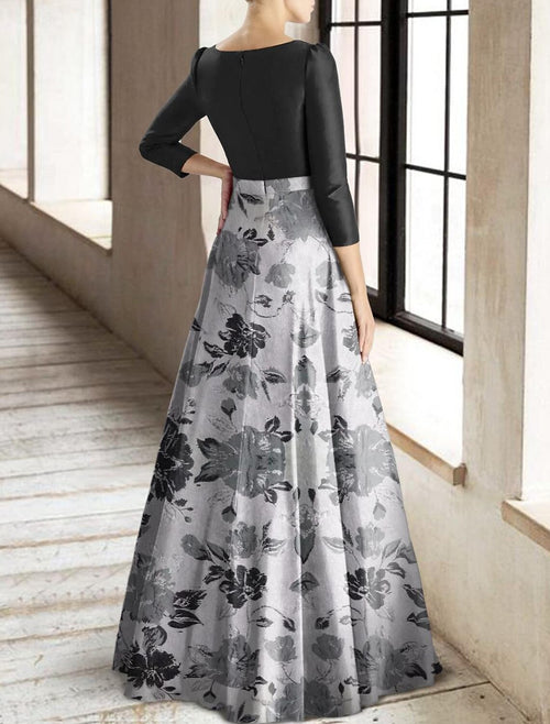 Black and Grey A-Line Floor-Length Gown with Square Neck and Floral Jacquard Skirt