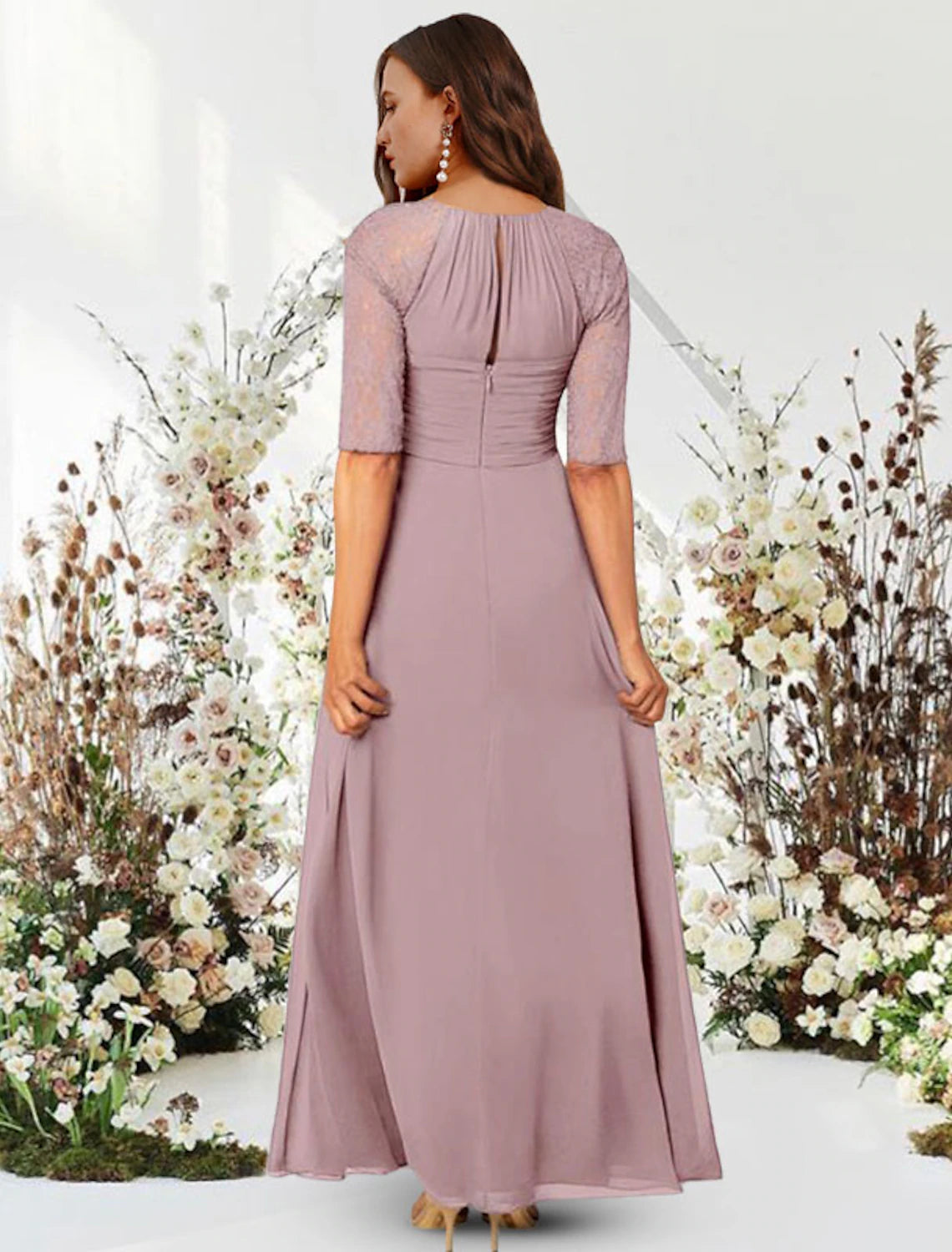 Dusty Rose Chiffon A-Line Floor-Length Bridesmaid Dress with Lace Sleeves