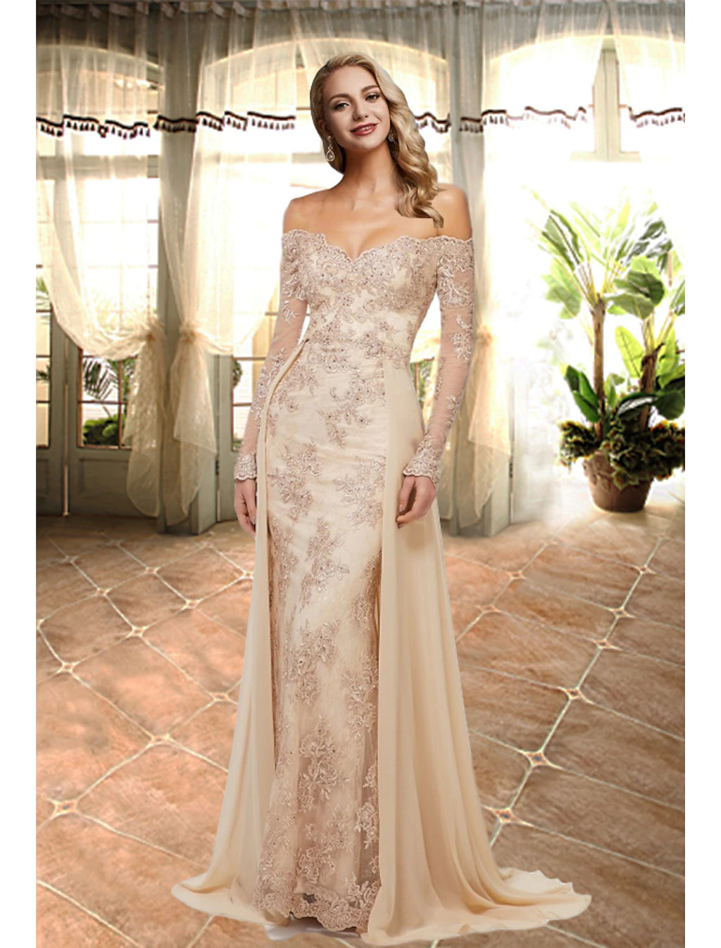 Vestido de fiesta con apliques de corte A, largo, hombros descubiertos, lujoso, elegante, para compromiso, formal, de noche, escote corazón, manga larga, cola larga, encaje con sobrefalda