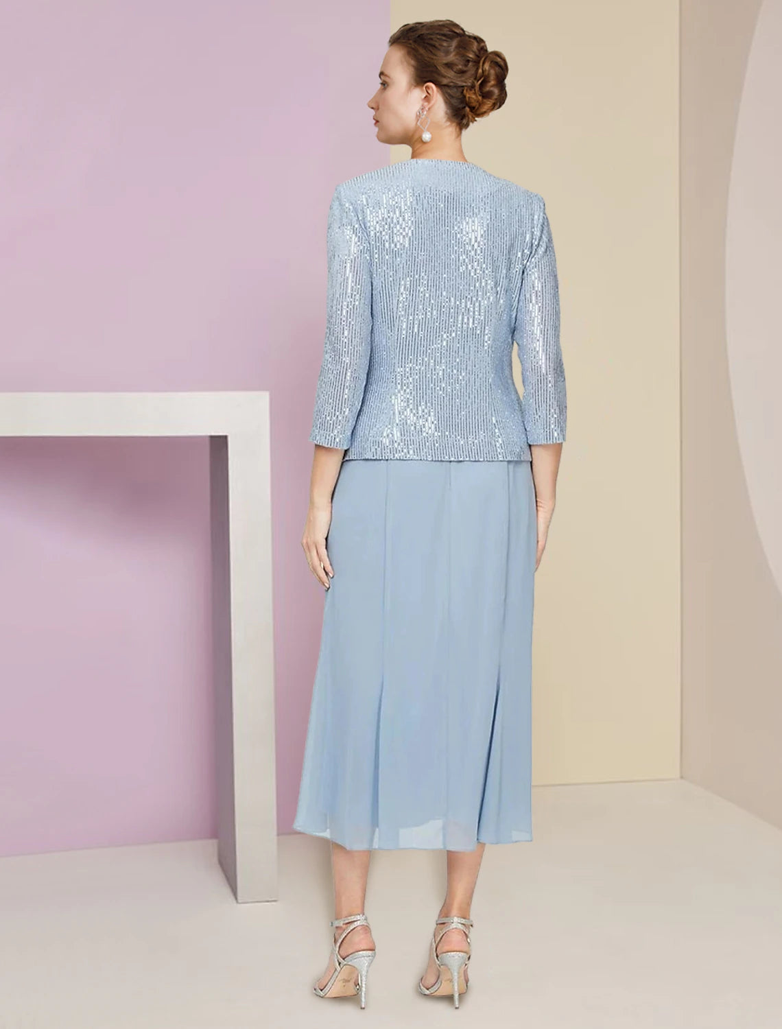 Vestido de dos piezas de corte A para madre de la novia, para invitada de boda, de invierno, con chaqueta, manga 3/4, escote redondo, largo hasta la rodilla, de gasa, con lentejuelas, plisado, lentejuelas, color liso, brillo y brillo, talla pequeña.