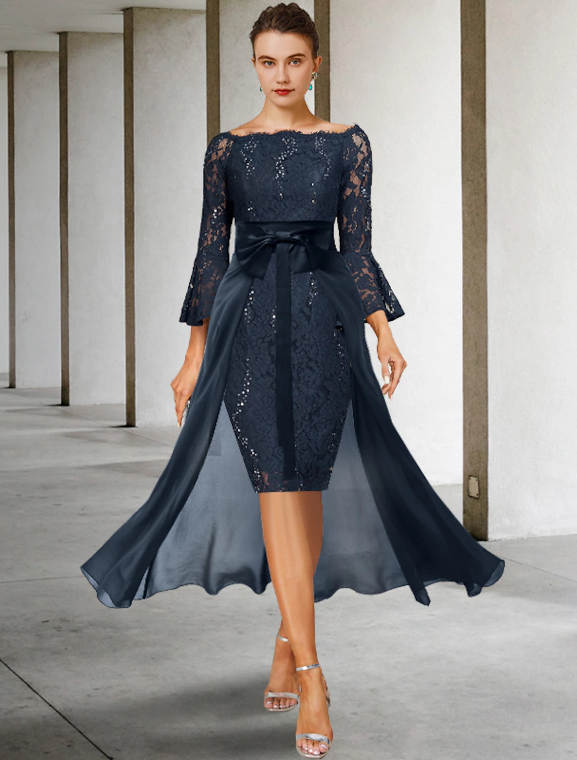 Dark Navy Lace Off-the-Shoulder A-Line Asymmetrical Evening Dress